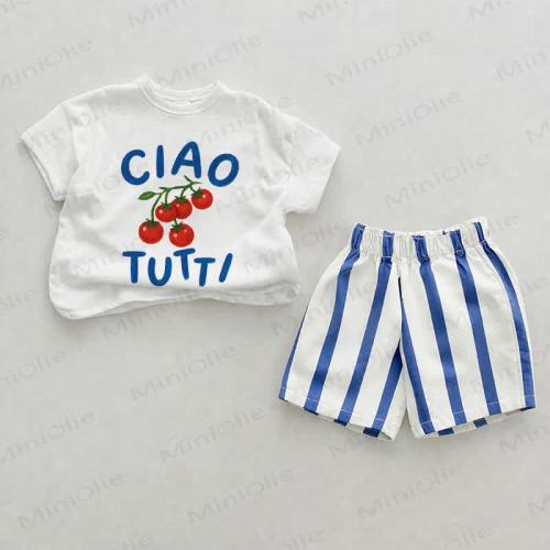 CIAO TUTTI Baby Blue Vertical Striped 2-piece Shorts Set