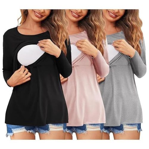 Ekouaer Women 3 Packs Nursing Shirts Long Sleeve Breastfeeding Tops Round Neck Postpartum Double Layer Maternity Tee Black/Medium Gray/Dirty Pink L