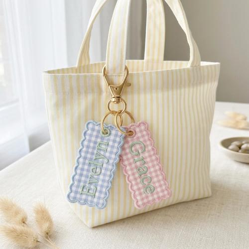 Personalized Embroidered Gingham Name Bag Charm, Custom Keychain, Preppy Backpack Tag