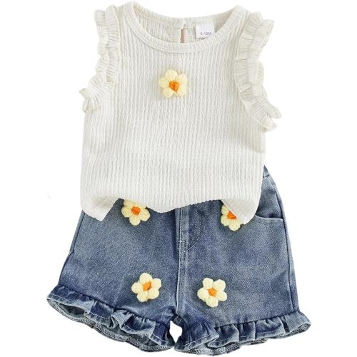 YINGISFITM Toddler Baby Girl Clothes Summer Floral Print Sleeveless Shirt Tank Top Jeans Shorts Cute Outfit Girls Clothing