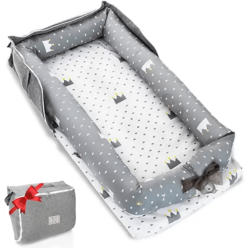 Baby Lounger for Newborn to Toddler 0-24 Months - Portable Infant Lounger with Breathable Cotton, Adjustable Size & Lengthen Space Travel Strap for Home, Outdoor (1. Crown)