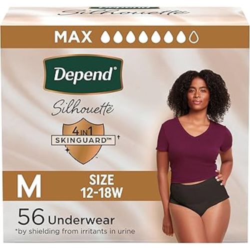Depend Silhouette Adult Diapers, Incontinence & Postpartum Bladder Leak Underwear for Women, Maximum Absorbency, Medium, Black, 56 Count (2 Packs of 28), Packaging May Vary