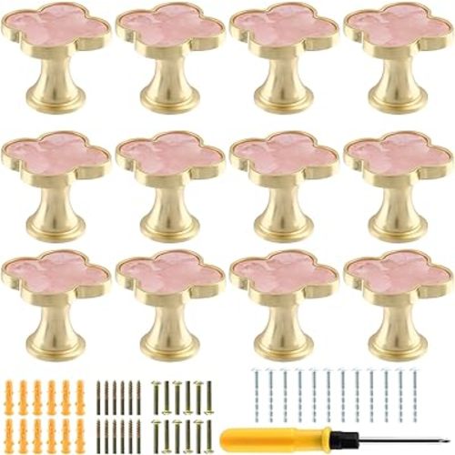12 Pack Clover Cabinet Knobs Zinc Alloy Single Hole Pulls,Four-Leaf Clover Drawer Handles for Dresser,Wardrobe,Vanity(12pcs,Pink)