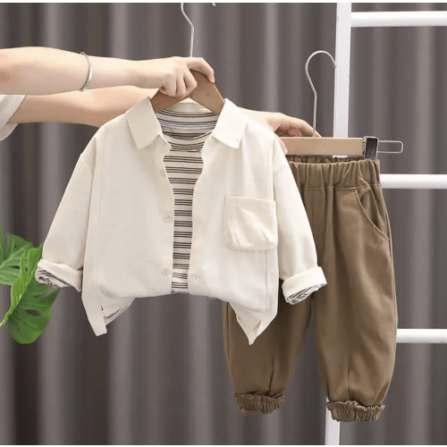 Toddler Boy 3-Piece Striped Casual Set - Beige/Cream Jacket, Khaki Pants