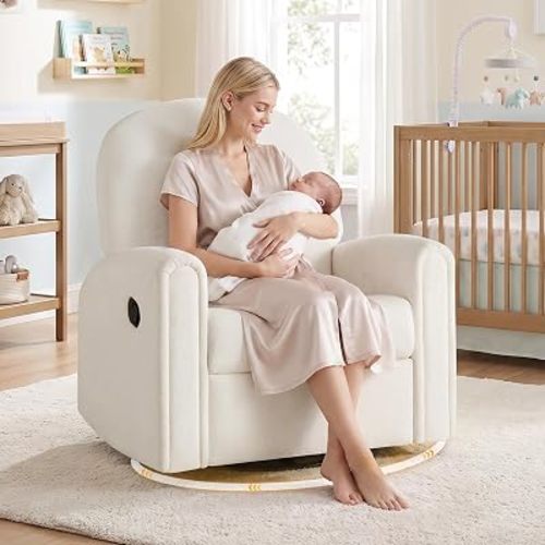 VANOMi Nursery Rocking Chair, Oversized 360° Swivel Glider Recliner Chair, Chenille Nursery Glider with Tufted Backrest and Footrest, Comfy Reclining Chair for Living Room, Bedroom, Nursing, Beige