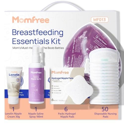 Breastfeeding Essentials Kit for Nursing Moms Nipple Relief,60 Piece Gift Set with Reusable Hot and Cold Breast Therapy Packs/Hydrogel Nipple Pads/Lanolin Nipple cream/Nursing Pads/Nipple Saline Spray