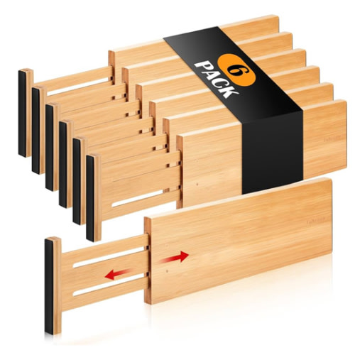 Fabsome Dresser Drawer Organizers 6 Pack, 4.65'' High Adjustable from 12.5-17‘’ Bamboo Drawer Dividers for Clothing Baby Clothes, Wooden Separators for Dresser Nursery Organization with Soft Foam Ends