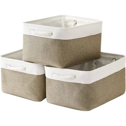 Storage Basket for Organizing - 14x10x7 inch Medium 3 Pack Collapsible Storage Bin for Shelves with Handles, Canves Storage Box for Organizer Cubes Cloth Gift Toy Closet (White & Khaki)