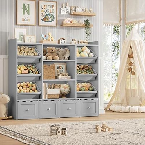 HITHOS 55" W Kids Toy Storage Organizer with 10 Toy Box & Book Shelf, Gray