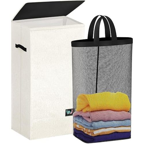 WTREE Laundry Hamper with Lid, Reinforced Sturdy Clothes Hamper with Anti-Puncture Base, Large Collapsible Laundry Basket with Removable Liner Bag, Tall Dirty Clothes Bin for Family, 100L Cream