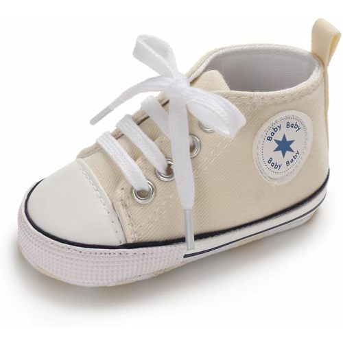 KKIIDDSS Unisex Baby Girls Boys Canvas High-top Shoes, Newborn Infant Anti-Slip Soft Sole Frist Walking Sneakers (A03/Beige,0-6 Months