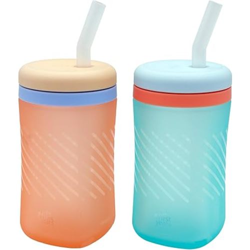 The First Years Silicone Squeeze & Sip Straw Cup - Spill-Proof Toddler Training Cups - Dishwasher Safe - Orange and Blue - 7 oz - 2 Count - Ages 6 Months+