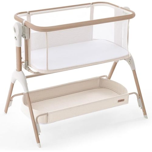 HARPPA Cuddly Signature Baby Bassinet with Mattress, 3 in 1 Bedside Sleeper & Rocking Cradle, Breathable Mesh, 5 Height Adjustable, Newborn 0–5 Months, Beige