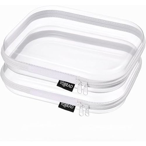 YQBRAO 2-Pack Medium Clear Hard Shell Zipper Case White, 1.2mm Heavy-Duty Crush-Proof Makeup Bag, Versatile Diaper Bag Organizer Pouches, Rigid Clear Zipper Pouches for Toiletries, Tech & Daily Carry