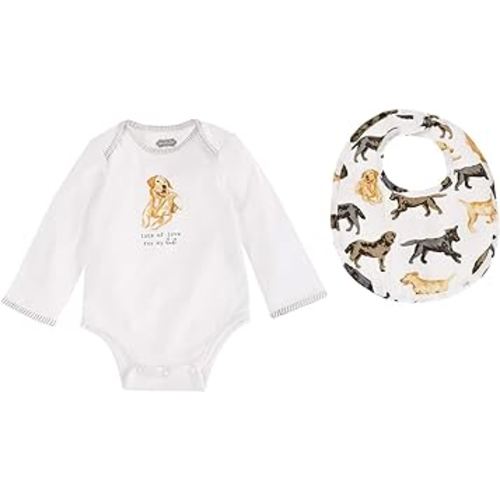 Mud Pie Yellow Lab Dog Print Baby Crawler & Bib Set , 2 Piece Set