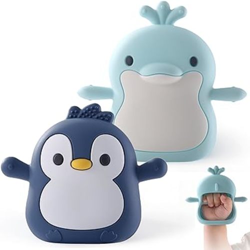 Baby Teething Toys for 3-6 Months Silicone Teething Mittens for Babies Food Grade Silicone Teether (Dolphin+Black Penguin)