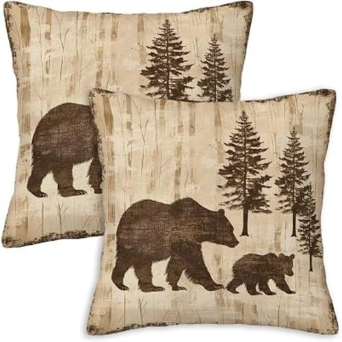 Firmiso Bear Throw Pillow Covers 18x18 Set of 2 | Mama Bear and Cub Decorative Cushion Covers for Couch Sofa Bed Patio | Rustic Cabin Woodland Home Decor