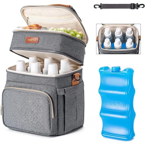 Breastmilk Cooler Bag with Ice Pack Fits 6 Baby Bottles Up to 9 Ounce, Double Deck Leak-Proof Baby Bottles Bag with Shoulder Strap for Nursing & Working Mom,