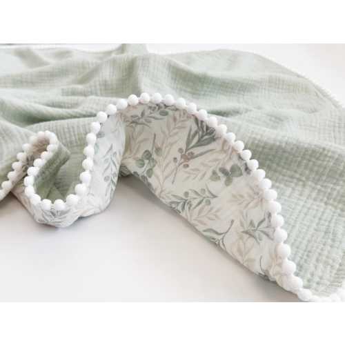 Super Soft Organic Muslin Baby Blanket – Embroidered Name Muslin Blanket, Eucalyptus Design, Stroller Blanket, Lightweight Summer Blanket