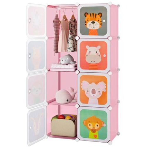 Costway 8-Cube Kids Wardrobe Baby Dresser Bedroom Armoire Clothes Hanging Closet with Doors Pink