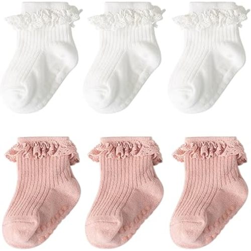 DRESHOW BQUBO Baby Girls Toddler Anti Slip Socks - Cute Frilly Ruffle Grip Ankle Socks for Infant Toddler