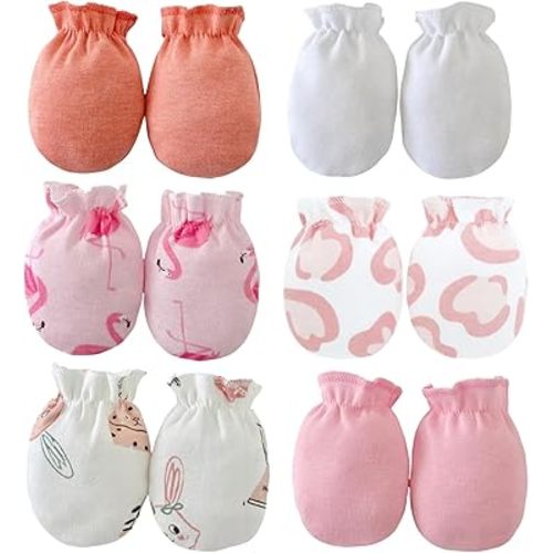 PandaEar 6 Pairs Newborn Baby No Scratch Mittens, 100% Cotton Elastic Wrist Gloves for baby Girls 0-6 Months