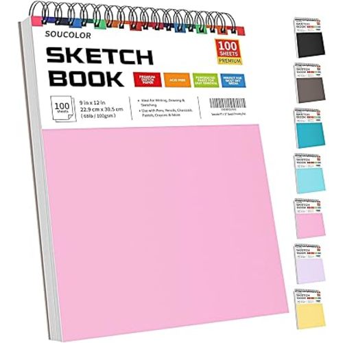 Soucolor Cute Sketch Book 9" x 12" Drawing Paper,Pink Teen Girls Sketchbook