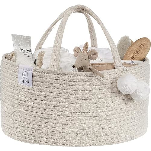 Baby Diaper Caddy Organizer- Off White Rope Nursery Storage Bin- Portable Diaper Storage Basket for Changing Table and Car- Perfect Baby Shower & Registry Gift