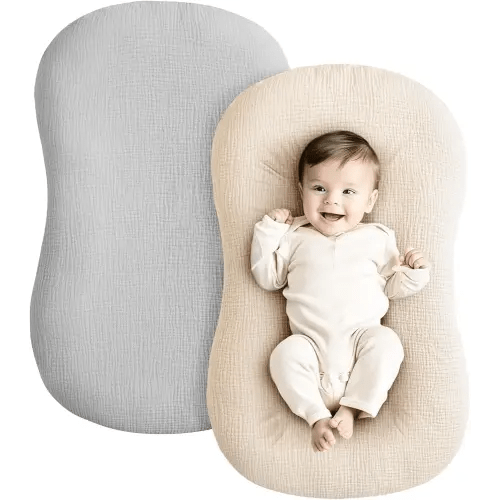 Konssy Muslin Baby Lounger Cover 2 Pack, 100% Cotton Newborn Lounger Cover, Soft and Breathable Baby Nest Slipcover for Boys Girls (Grey,Wheat)
