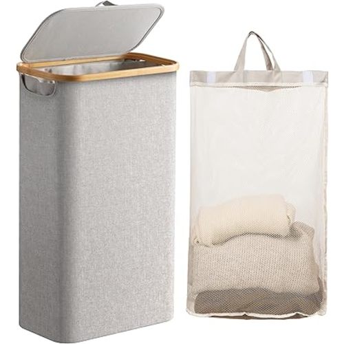 HBlife 60L Slim Laundry Hamper with Lid and Removable Inner Bag, Narrow Collapsible Dirty Clothes Basket for Bathroom, Bedroom and Laundry Room, Light Grey