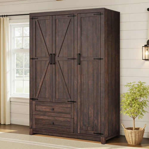Gracie Oaks Bishock Farmhouse 3 Door Wardrobe Closet With 2 Drawers & Hanging Rod & Reviews | Wayfair