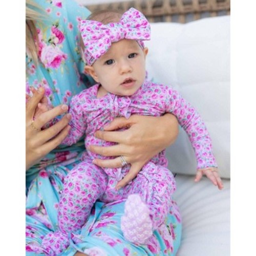 Lev Baby Girls' Bamboo Viscose Pink Rose Ruffle Footie Pajama with 2-Way Zipper, Snug Fit - Pink