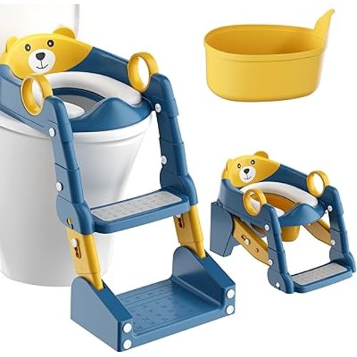 Potty Training Seat, 2-in-1 Toddler Toilet Training Seat & Potty Chair for Kids Boys Girls, Height Adjustable Toilet Seat with Splash Guard, Stable Wide Base Design, Anti-Slip Steps Stool