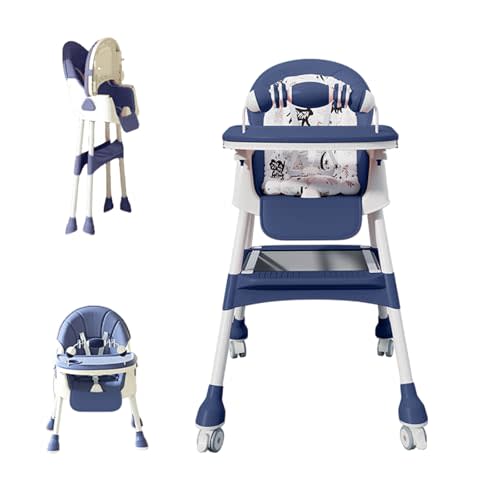 Foldable 4-in-1 Baby High Chair, Infant to Toddler Feeding Chair with Play Tray & Built-in Toys, Removable PU Cushion, Easy to Clean Dining & Activity Chair–Blue