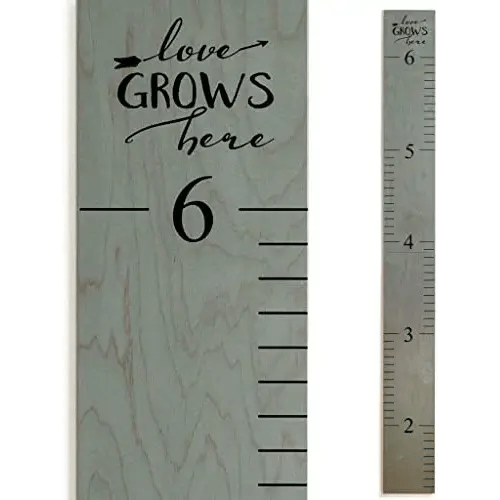 Headwaters Studio Wooden Ruler Growth Chart for Kids + Free Height Measurement Milestone Stickers | Nursery Hanging Wall Decor | Boys & Girls Room| Love Grows Gray | Made in USA