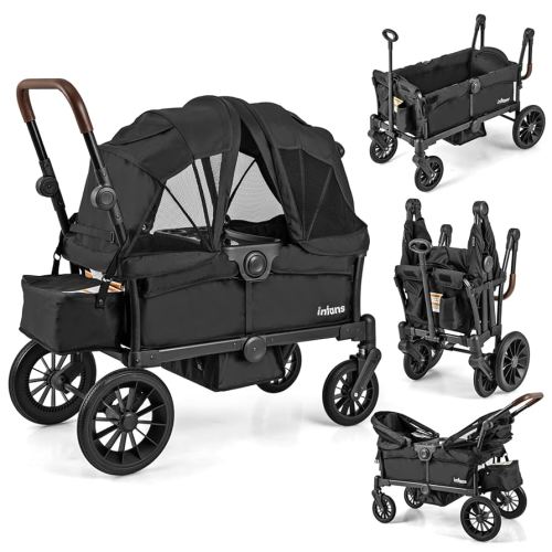 INFANS Wagon Stroller for 2 Kids, Collapsible Adjustable Push Pull Handle Bar, 2 Seater Stroller Wagon with Removable Canopy Snack Tray, Comfortable Drop-Down footwell and Upholstered Seats