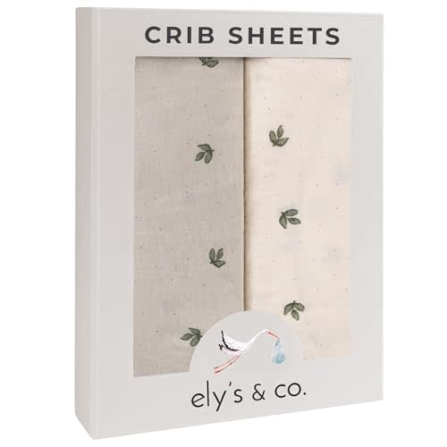Ely’s & Co. Crib Sheets Baby Girl/Boy Fitted Crib Mattress Sheet Set, 2 Pack, 100% Jersey Knit Cotton, Infant and Toddler Nursery Bedding, Neutral Taupe and Cream with Sage Vintage Print, 28” x 52”