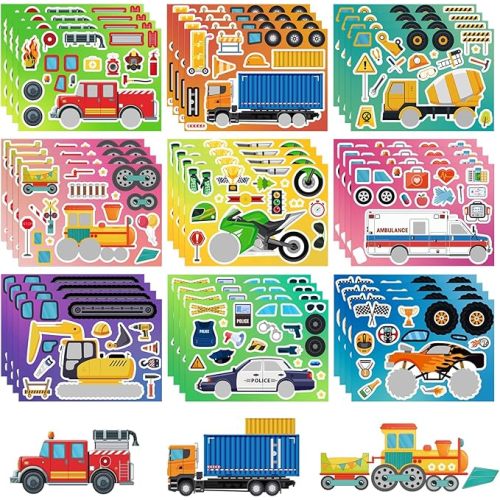 36 Sheets Vehicle Stickers for Kids, Make Your Own Truck Stickers, Mixed and Match Car Sticker for Construction Party Favors Classroom Exchange Teacher Reward DIY Craft Birthday Gifts