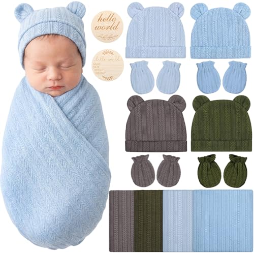 4 Pcs Newborn Boy Swaddle Set, Blue Bear Ear Beanie and Mittens | Cable Knit Cotton Receiving Blanket, Hospital Announcement Nursery Wrap, Newborn Photo Set with Anti-scratch Mittens