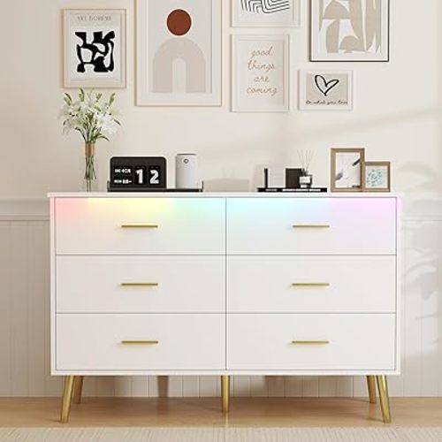 White Dresser for Bedroom, Dressers & Chests of Drawers for Clothes Storage, Wood Dresser for Closet with 6 Drawers, Wide Long Clothes Organizer with LED Light for Hallway, Entryway, Metal Handles
