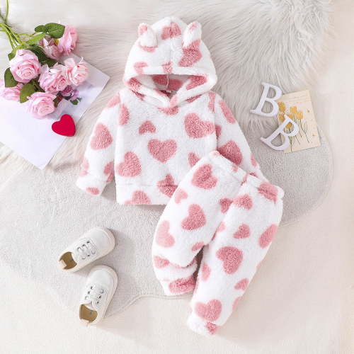 Ulitacool Girl Clothing Long Sleeve Winter Cozy Hoodie And Pants Two Piece With Heart Print Valentine'S Day Fall And Cold Weather For Toddler And Kid Basic Round Neck Outfits 3-6 Months Pink