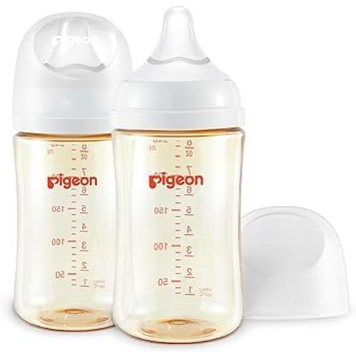 Pigeon PPSU Nursing Baby Bottle Wide Neck, Streamlined Body, Natural Feel, Easy to Clean, 8.1 Oz(Pack of 2), Includes 2pcs M Nipples (3m+)