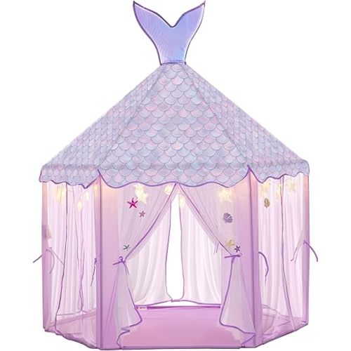 Princess Tent for Girls with Lights, Large Pretend Play Tent Castle w/Carry Bag & Stickers & Detachable Fishtail Top Indoor Outdoor, 67”x55” Ocean-Theme Kids Playhouse Gift for Toddler Age 3+
