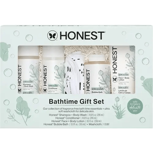 The Honest Company Fragrance-Free Bathtime Gift Set, Hypoallergenic, Bath Essentials for Sensitive Skin, Shampoo and Body Wash, Face Lotion, Bubble Bath, Conditioner, Wash Cloth