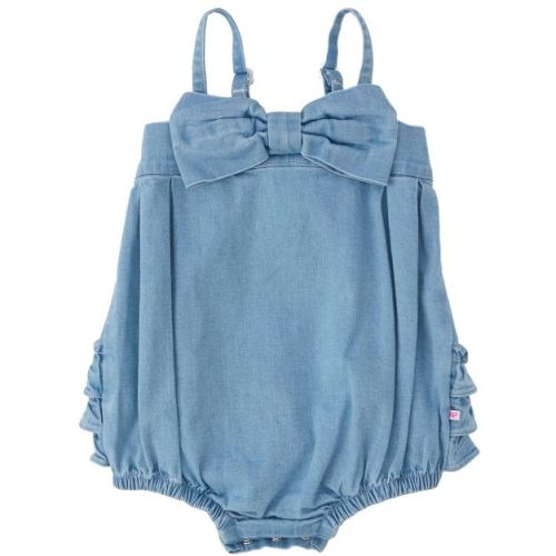 RuffleButts Baby Girls Stretch Denim Bow Front Bubble Woven Romper - Light Wash, 6-12m