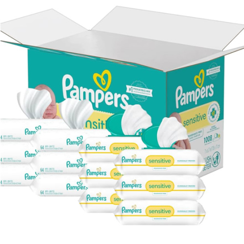 Pampers Sensitive Baby Wipes, Water Based, Hypoallergenic and Unscented, 8 Flip-Top Packs, 4 Refill Packs (1008 Wipes Total)