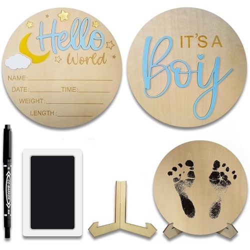 2Pcs Baby Announcement Sign Set, 5.9 Inch Hello World Newborn Sign and IT’S A Boy Welcome Signs, Baby Name Sign with Ink Pad for Hand & Footprints, 3D Wooden Birth Gifts for Hospital Shower Nursery