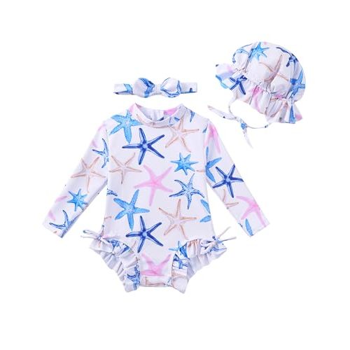 Renotemy Baby Swimsuit Girls One-Piece Swimwear Baby Beach Essentials 3M-3T | Infant Toddler Girl Bathing Suit Drawstring Zip,Long Sleeve One-Piece Rash Guard Swimwear with Hat,Summer beach Essentials