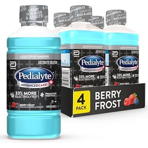 Pedialyte AdvancedCare Plus Electrolyte Hydration Drink, Has 33% More Electrolytes and Has PreActiv Prebiotics, Berry Frost, 1 Liter, Pack of 4