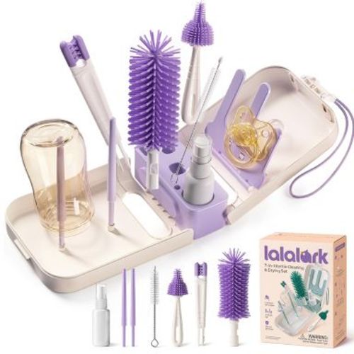 lalalark Baby Bottle Brush Set, 7-in-1 Baby Bottle Cleaner Kit with Silicone Brush, Nipple Brush,Soap Dispenser & Drying Rack, Baby Travel Essential